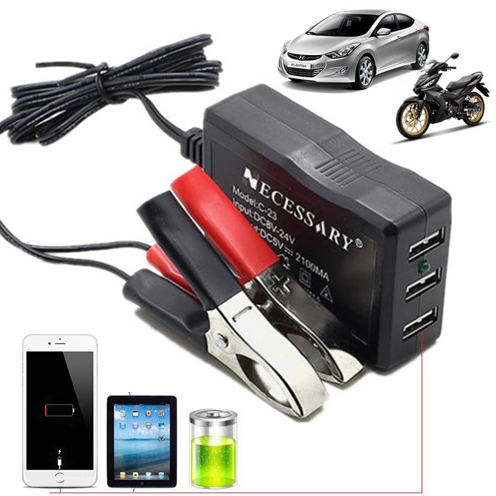 Sạc điện thoại 3 cổng sạc USB chân kẹp bình ác quy ô tô, xe máy