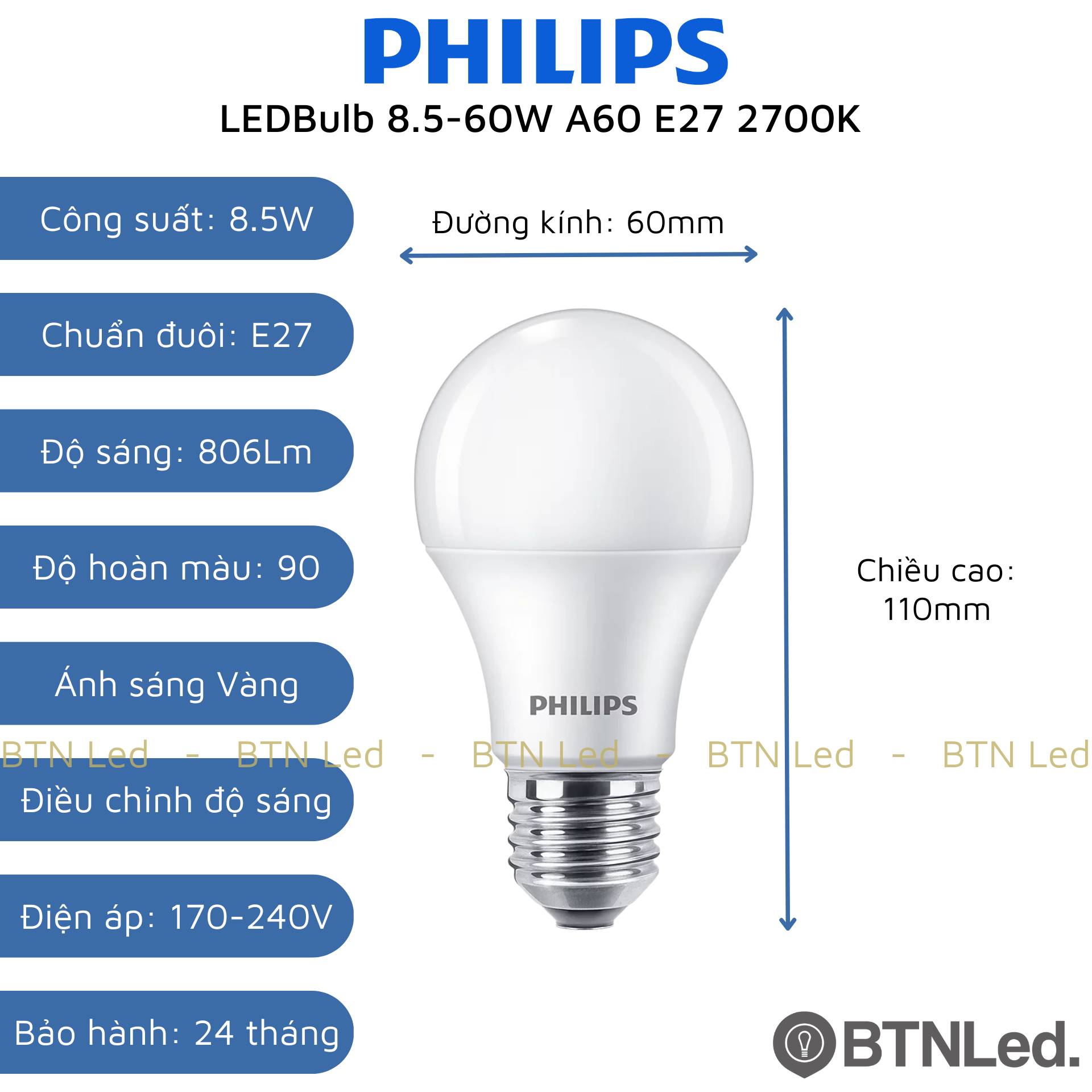 Đèn LED bulb dim Philips 8.5W A60 E27 2700K FR