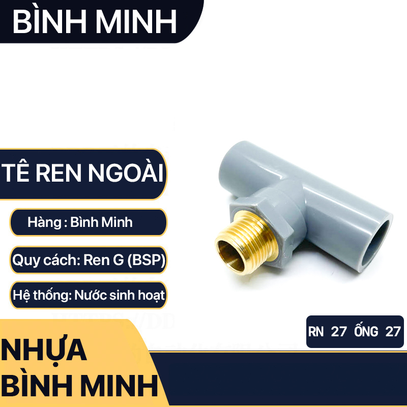 Tê nhựa bình minh ren ngoài 21 27 đồng thau, tê ren thau pvc
