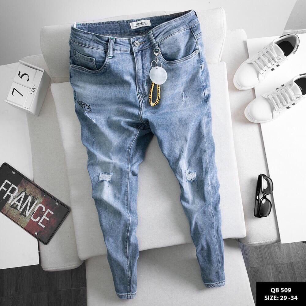 [HCM][ HÌNH THẬT ] QUẦN JEAN NAM MÀU XANH TRƠN RÁCH NHẸ GỐI  CHẤT BÒ CO GIÃN PHONG CÁCH TRỜI TRANG HÀN QUỐC THỎ TÂY SHOP94 QJN08