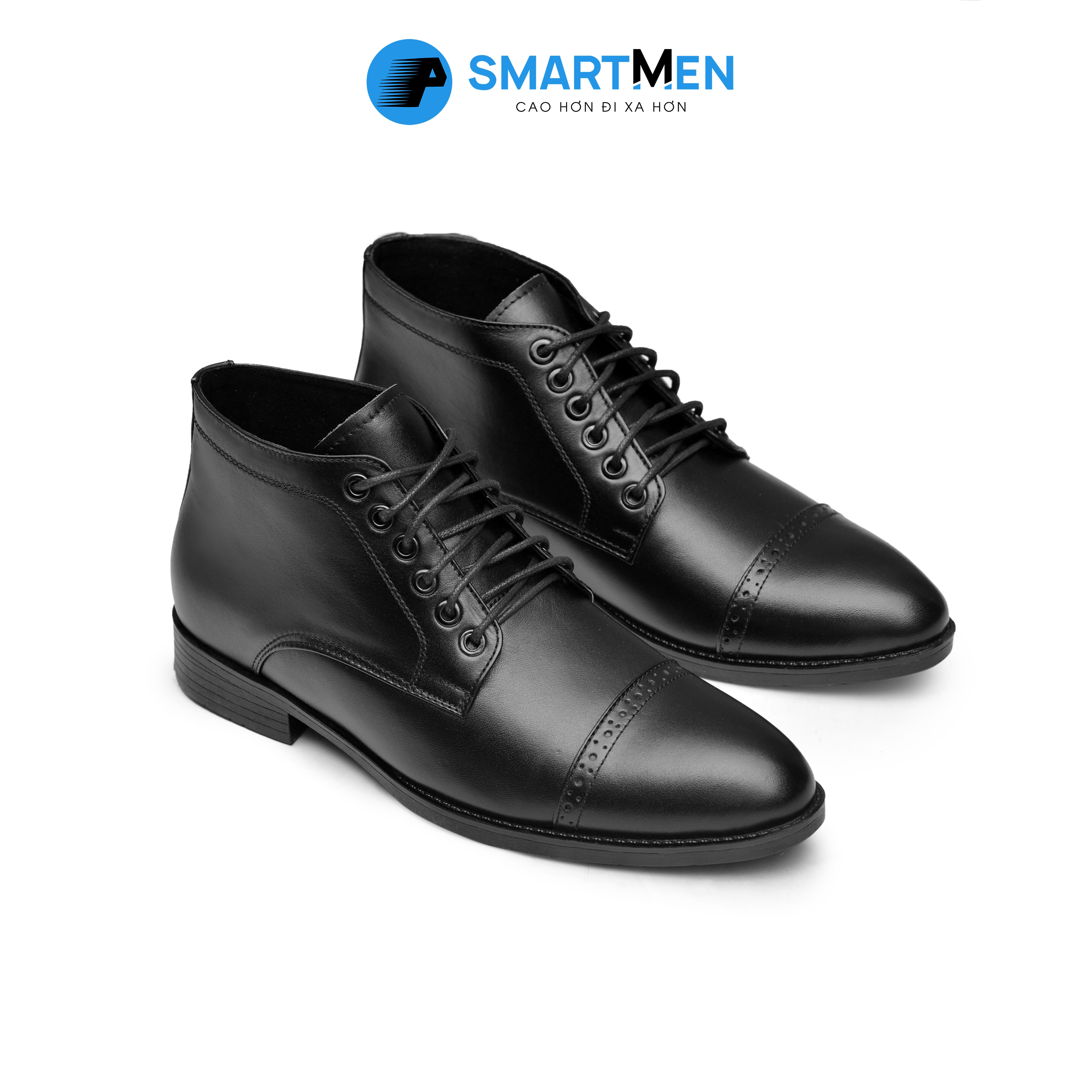 Giày Boot lửng cổ Tăng chiều cao Da bò SMARTMEN GD555 Đen