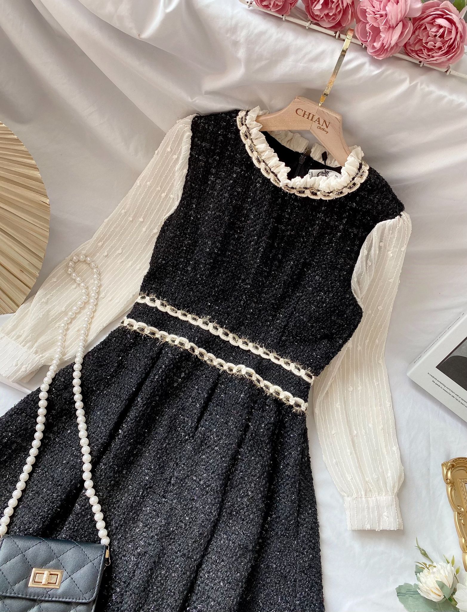 Đầm dạ tweed phối viền nhiều màu A1829