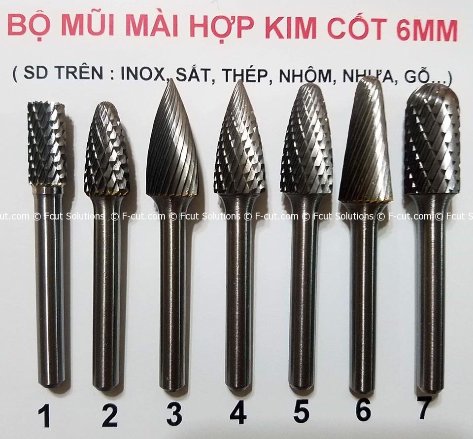 Mũi mài hợp kim (cùi thơm) cốt 6mm đủ loại (mài inox/sắt/thép/nhôm/nhựa/gỗ)