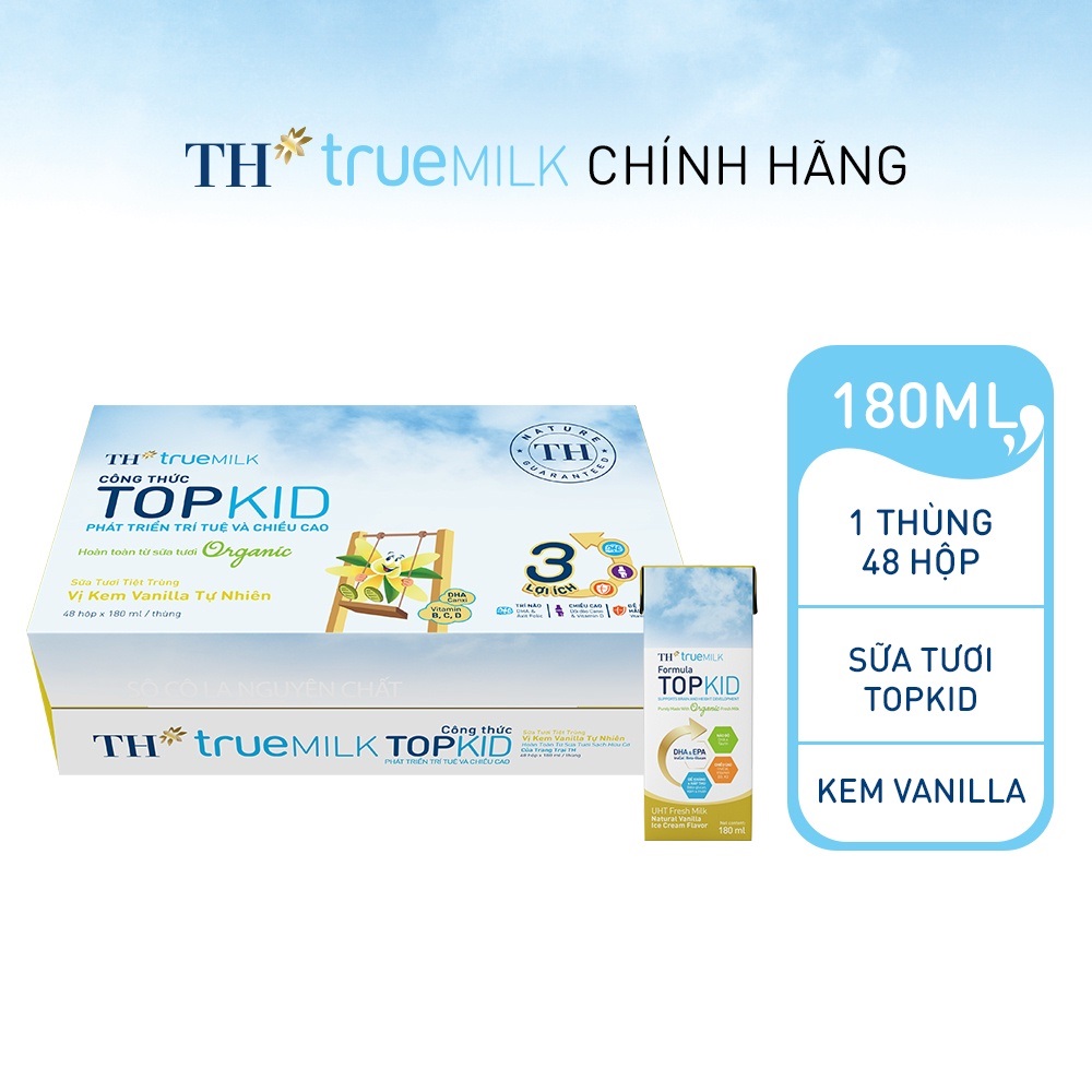 Thùng 48 hộp sữa tươi th true milk topkid organic 180ml.