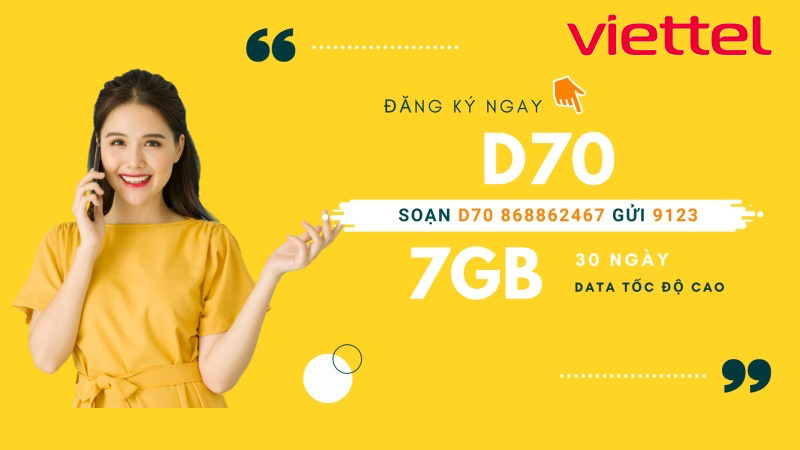 [Miễn phí tháng đầu] Sim Data 4G Viettel D70 mỗi tháng có 7GB/tháng