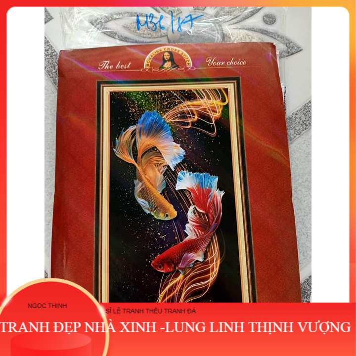 Tranh thêu kín đôi cá chép phú quý - tranh chưa thêu ngọc thịnh shop tranh