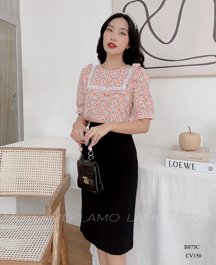 ÁO SƠ  MI HOA CỔ TRÒN VIỀN REN -B873