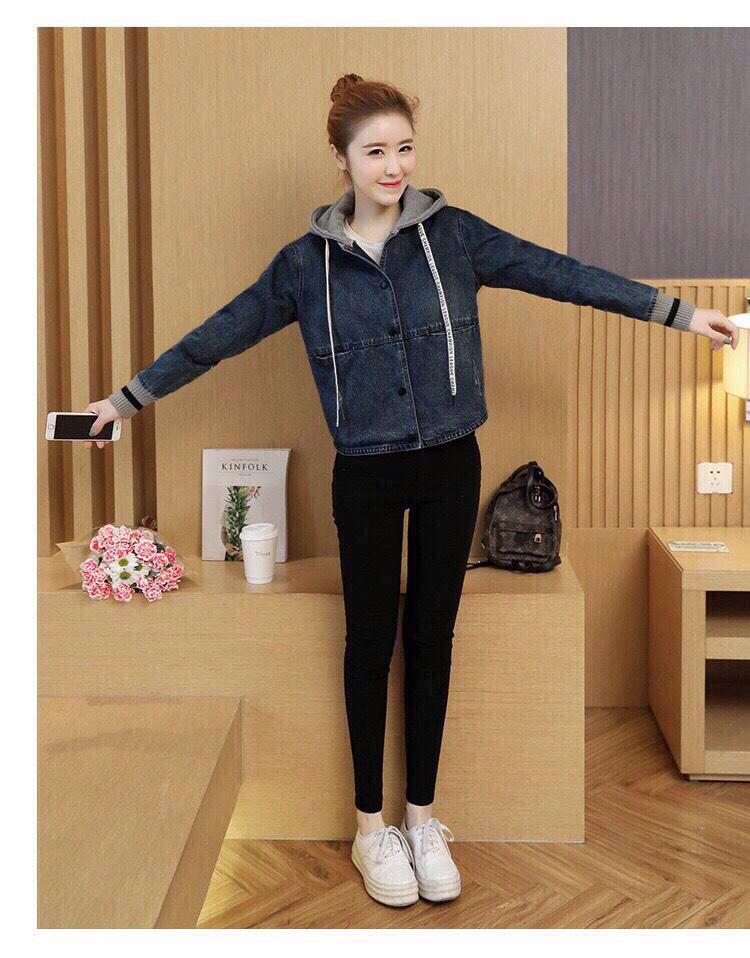Áo khoác jean mềm tay bo thun nón cổ
