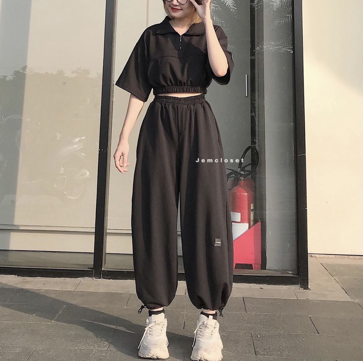 Sét bộ quần bom áo croptop, set áo croptop mix quần bom đen cá tính AD58