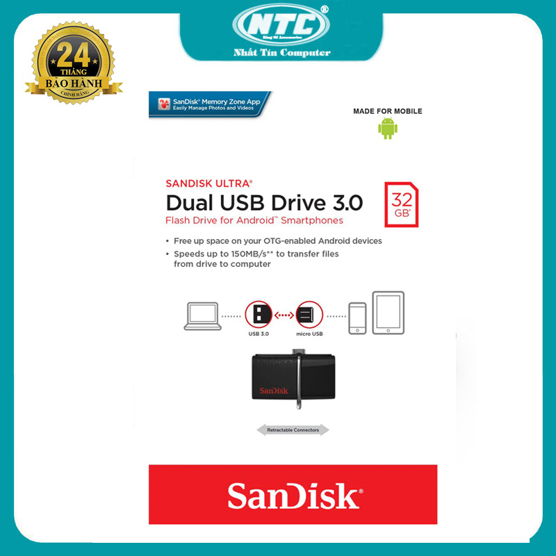 USB OTG 32GB Sandisk SDDD2 ultra dual USB drive 3.0 tốc độ 150MB/s (Đen) Nhất Tín Computer