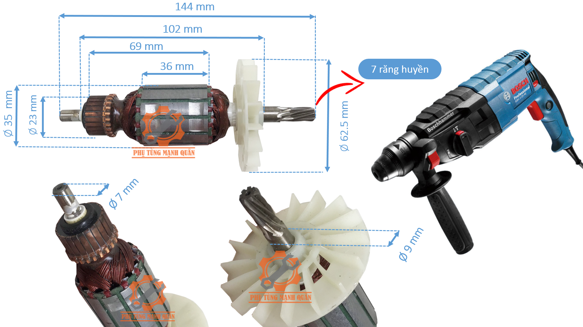 Rotor/ruột máy khoan búa FEG 2-24 cao cấp tặng kèm chổi than