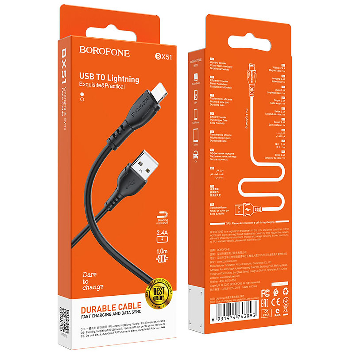 Cáp Sạc Borofone BX51 2.4A Cổng IP Dây Dài 1m