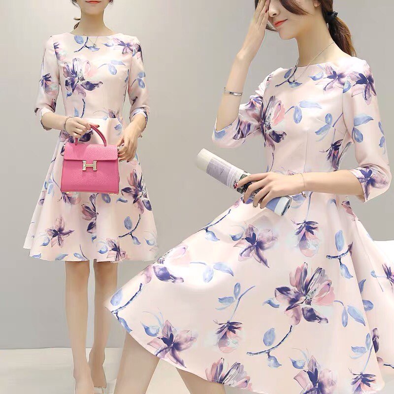 Đầm suông nữ thanh lịch nền trơn nhấn hoa, chất vải voan thoáng mát, thấm hút mồ hôi, mẫu mới 2019 LZ01528