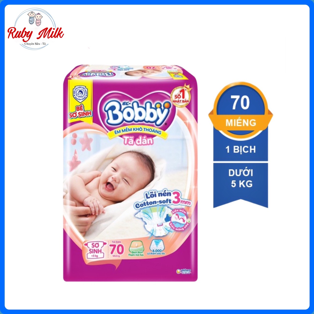Tã dán Bobby size XS 70 miếng (cho bé dưới 5kg)