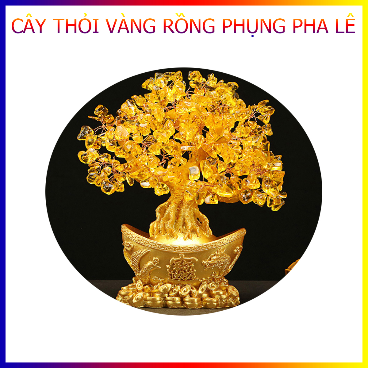 Cây thỏi vàng tài lộc rồng phụng pha lê 18cm