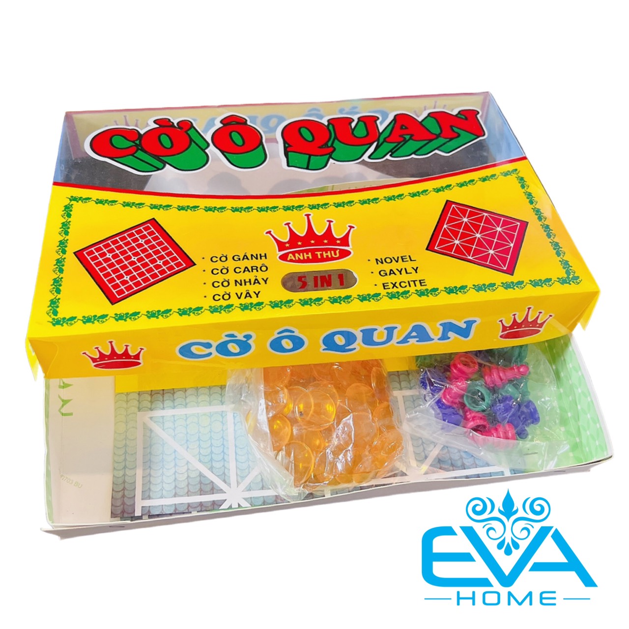 Bộ trò chơi cờ ô quan 5 in 1 at gồm cờ ô quan- cờ vây-cờ nhảy-cờ gánh - cờ caro hộp kiếng sp2296