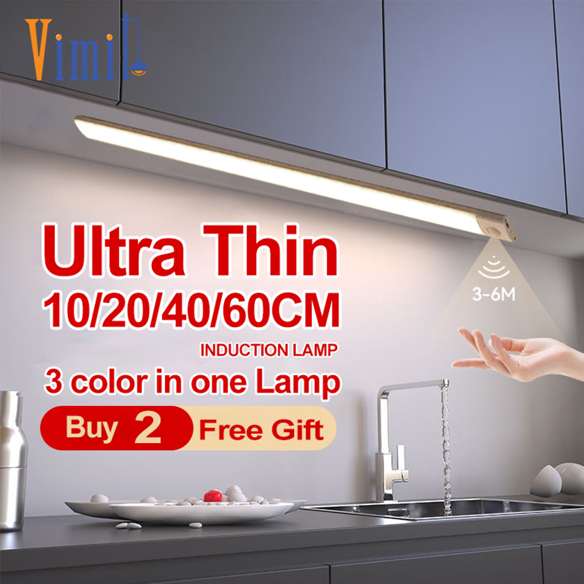 【Ready Stock】Vimite LED Motion Sensor Night Light 3 Color Lamp Wireless USB Charging Cabinet Lights For Bedroom Wardrobe Living Room