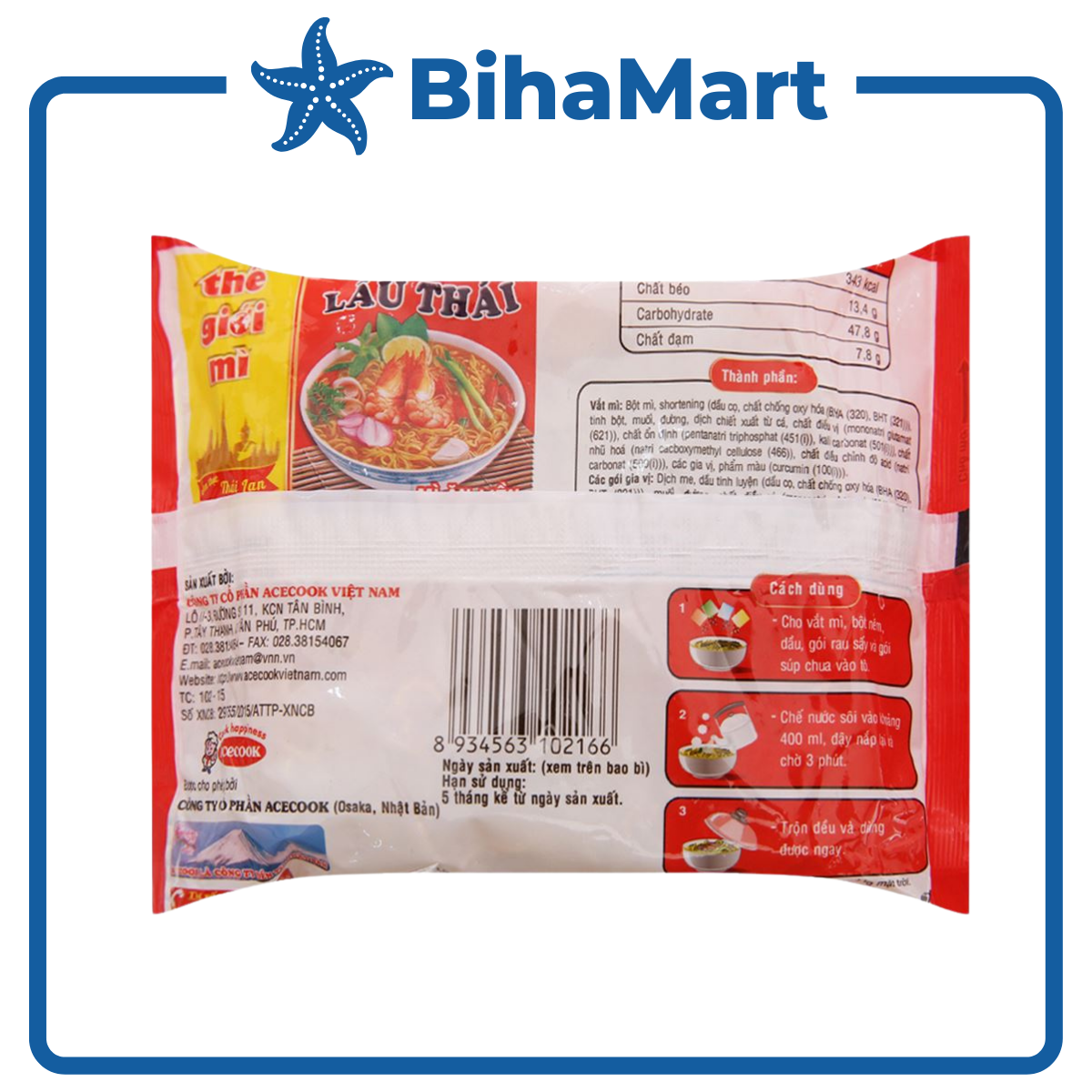 [SET 5 GÓI] - ACECOOK - Mì lẩu Thái Tôm, Mì ăn liền lẩu thái Tôm, Mì lẩu Thái hương vị Tôm, Mì Thế giới mì Acecook (81g/gói)