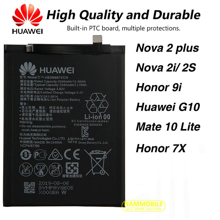 Battery huawei p30 lite, mate 10 lite, nova 2 plus, honor 7x, nova 3i, nova 2i, g10, honor 9i, nova 4e, mate se hb356687ecw 3340mah origi + donate battery glue sheet+freeship
