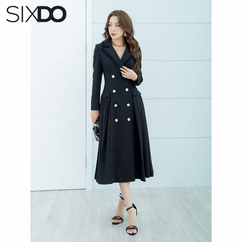 Đầm đen dài tay cổ vest thời trang SIXDO (Black Coat Midi Raw Dress)