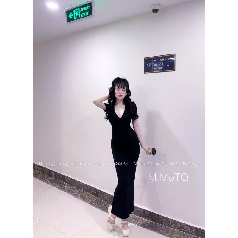 Đầm body cổ tim dáng dài tay ngắn trơn siêu xinh 0404