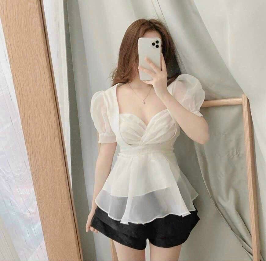 [HCM]Sét bộ nữ đi chơi áo tay búp cổ vuông xòe eo kèm quần chất voan tơ #setbonu
