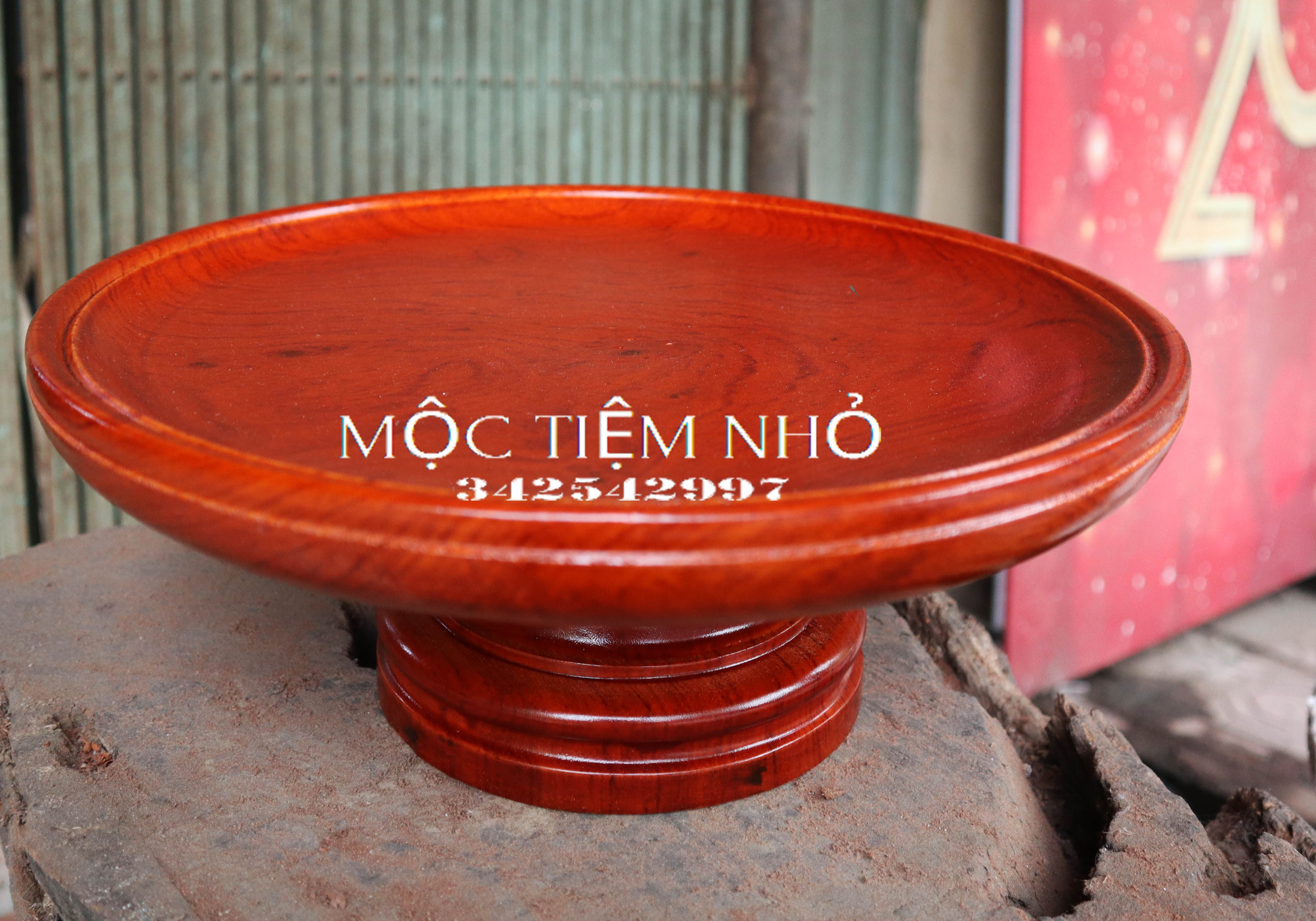 Mâm bồng đĩa gỗ nguyên khối đựng hoa quả thờ gỗ hương đá