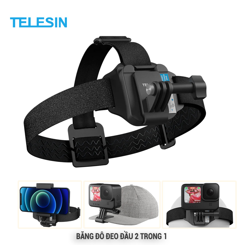 Dây đeo, băng đô đội đầu kẹp nón 2 trong 1 cho GoPro, DJI, điện thoại chính hãng Telesin tháo lắp nhanh chóng, tiện lợi dễ dàng sử dụng