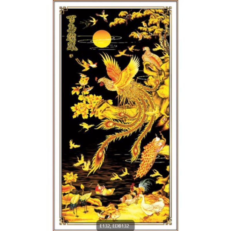 [HCM ][THÊU KÍN]Tranh thêu kín chữ thập Phượng Hoàng lửa cát tường -EDB132(70x130cm),chưa thêu ,khổ dọc