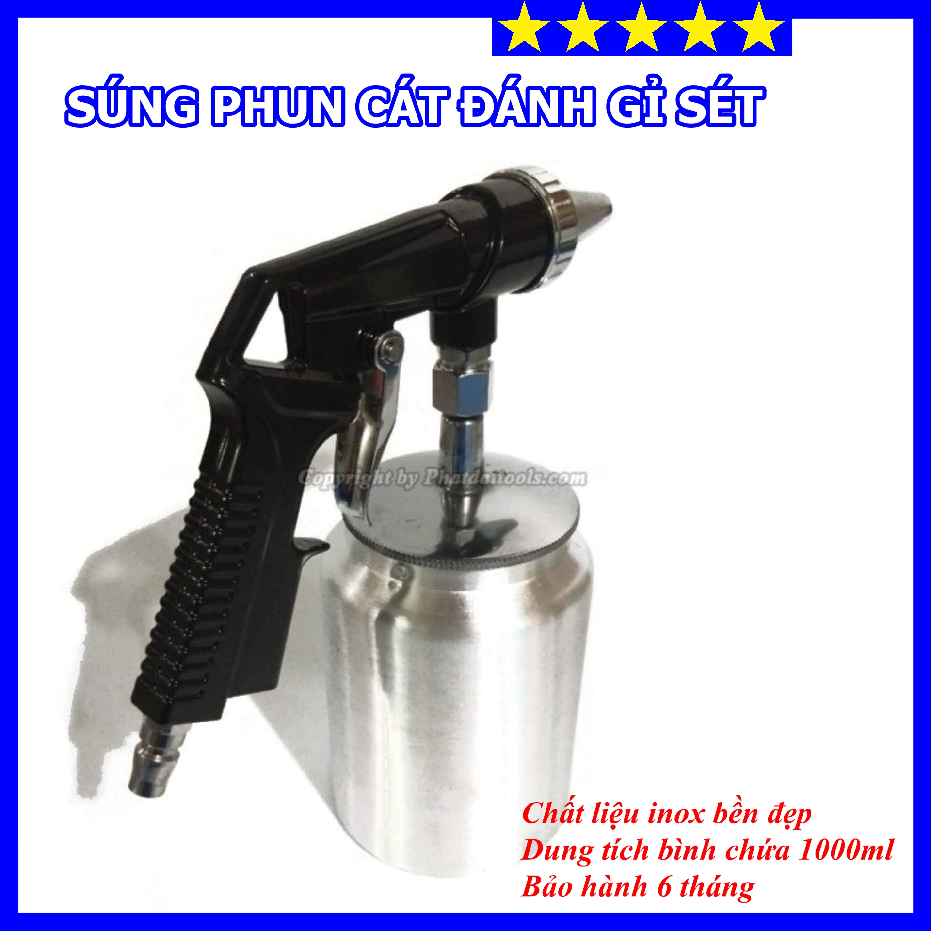 Bình Phun Cát Dùng Khí Nén Đánh Gỉ Sét - Chất Liệu Inox 304 Sáng Bóng - Dung Tích 1000ml - Bảo Hành 6 Tháng