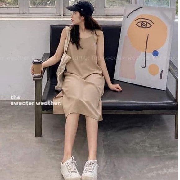 {EVACICI} Váy xuông chất đũi lụa trơn 2 dây basic nữ
