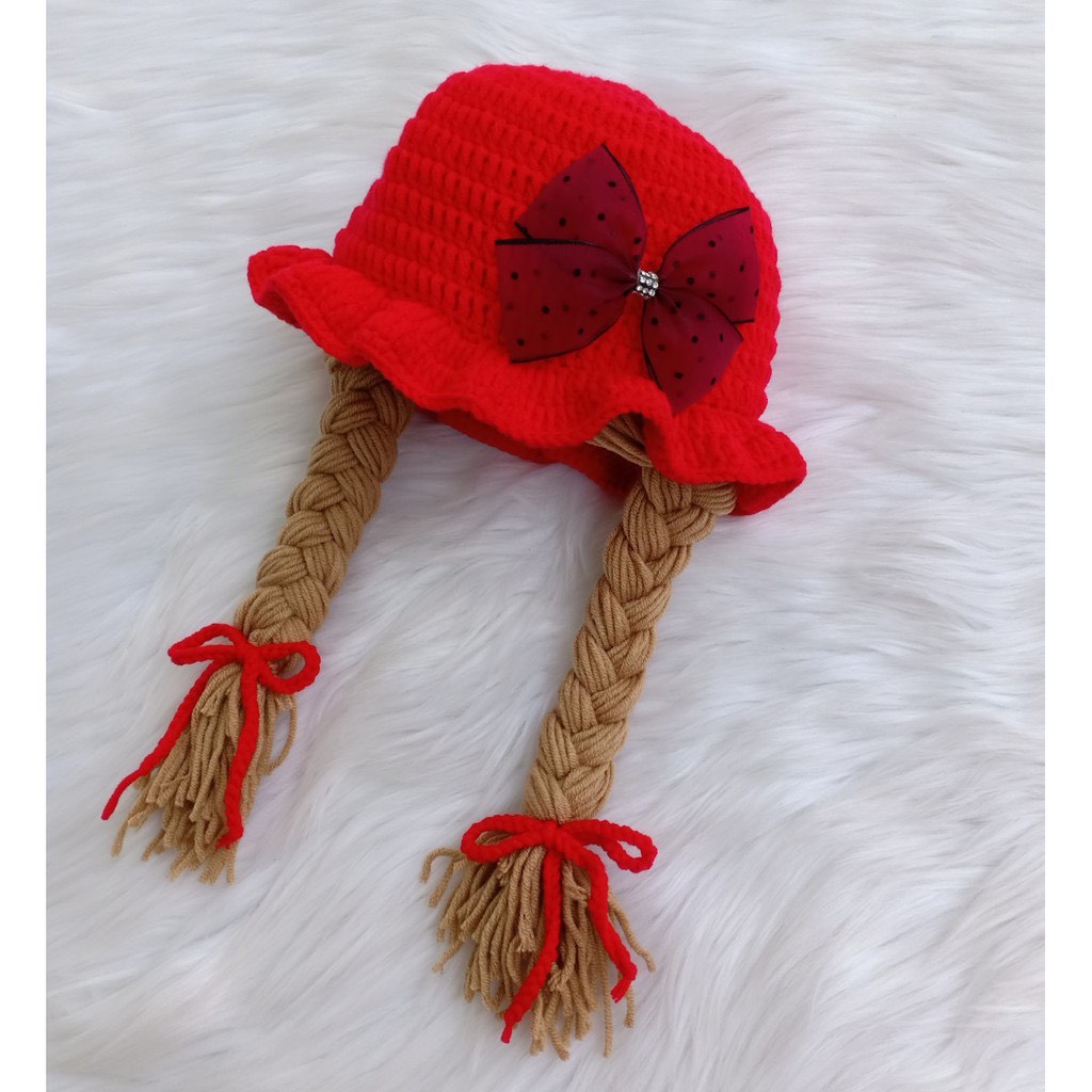 Nón len handmade có 2 bím tóc cho bé (nhiều mẫu mới)