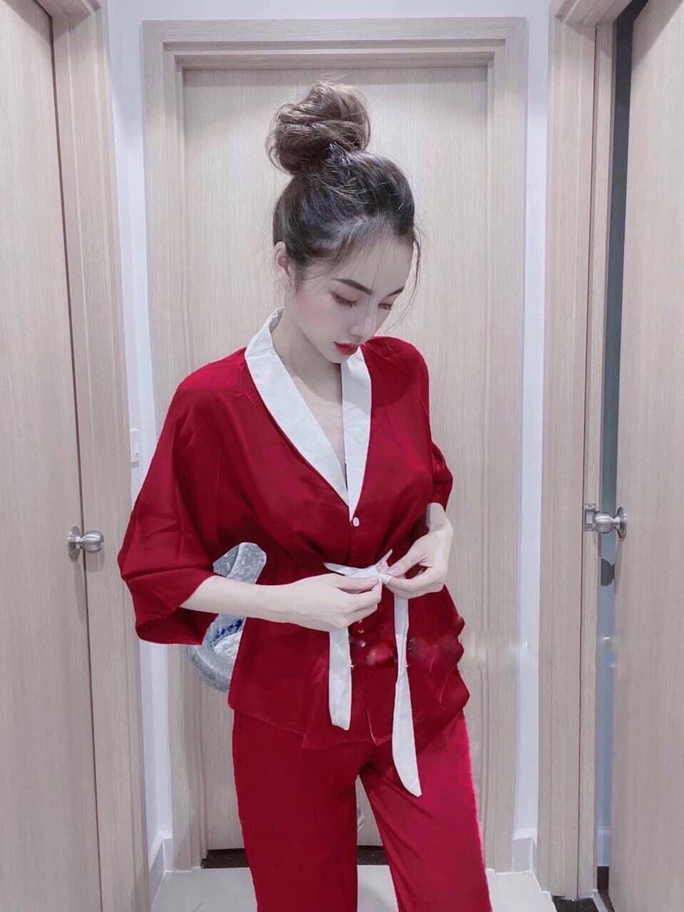 [HCM]Set Bộ Đồ Ngủ Có Dây Thắt Eo  Phi Lụa Bóng Mềm Mại Thoải Mái Thoáng Mát Qc