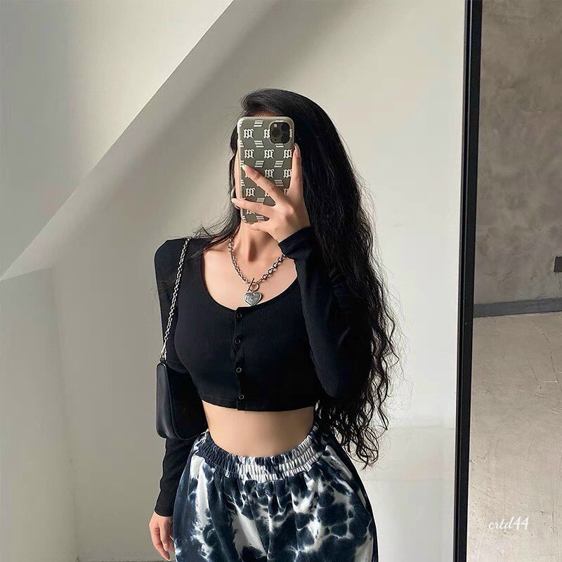 Áo Croptop Thun Gân Cúc Bấm Tay Dài