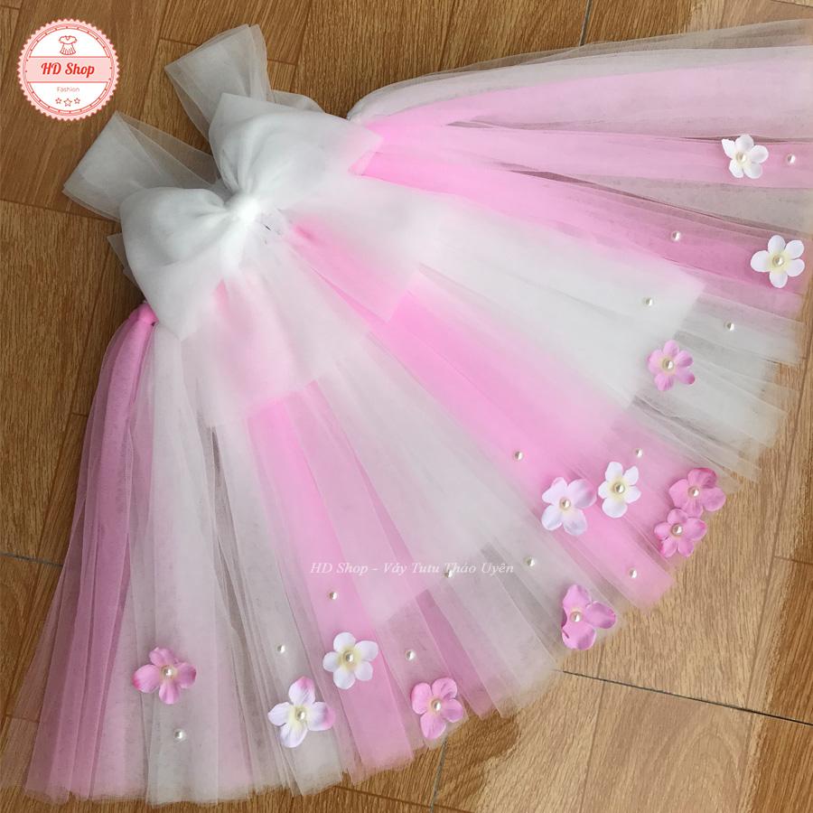 váy tutu hồng phấn phối trắng nơ trắng