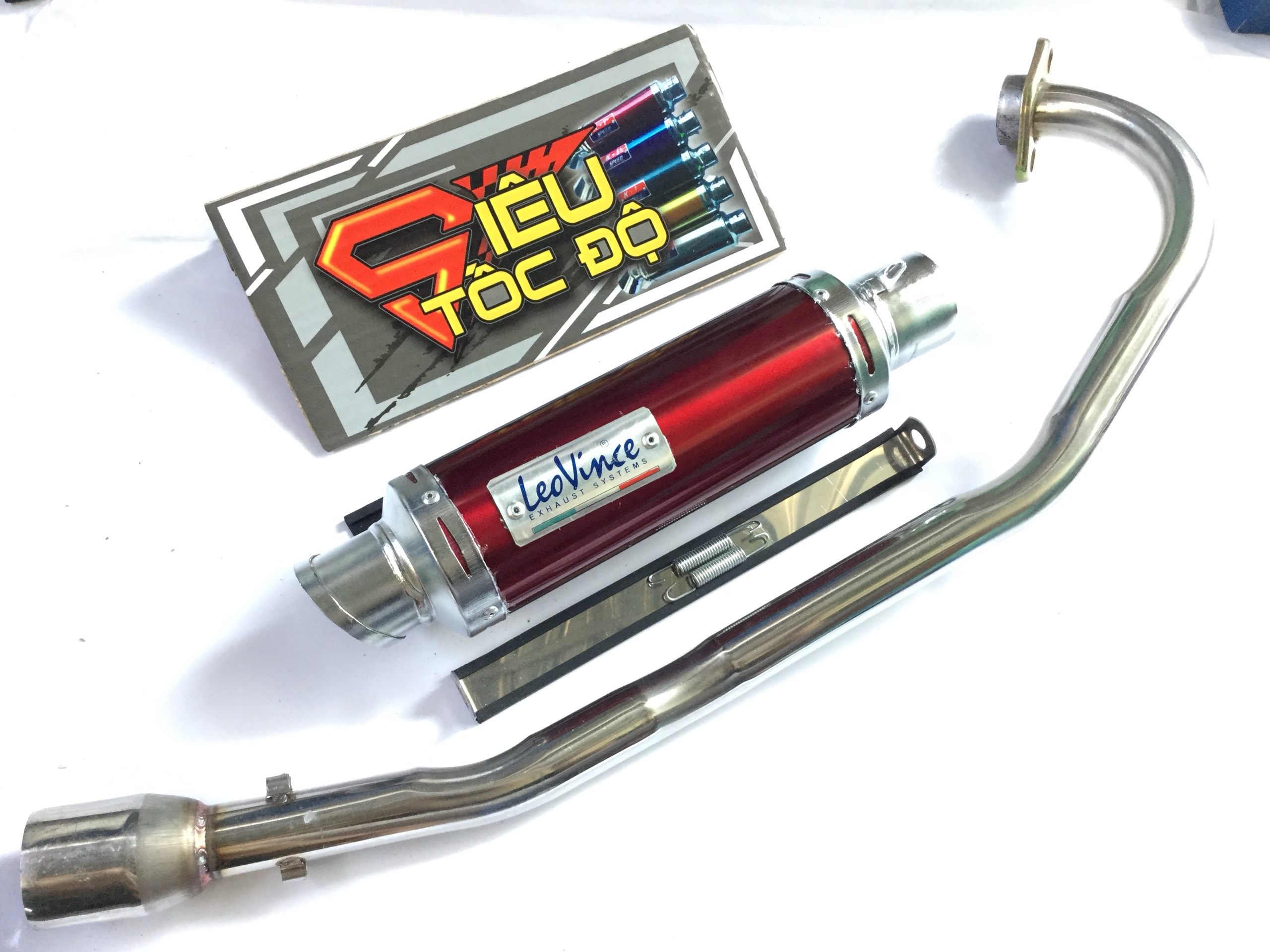 Pô leovince đỏ full pass treo lò xo bao gồm cả cổ pô độ cho xe exciter 135.........