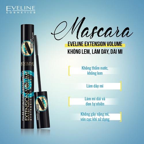 Mascara Eveline Extension Voolume không lem, dày và dài mi 10ml