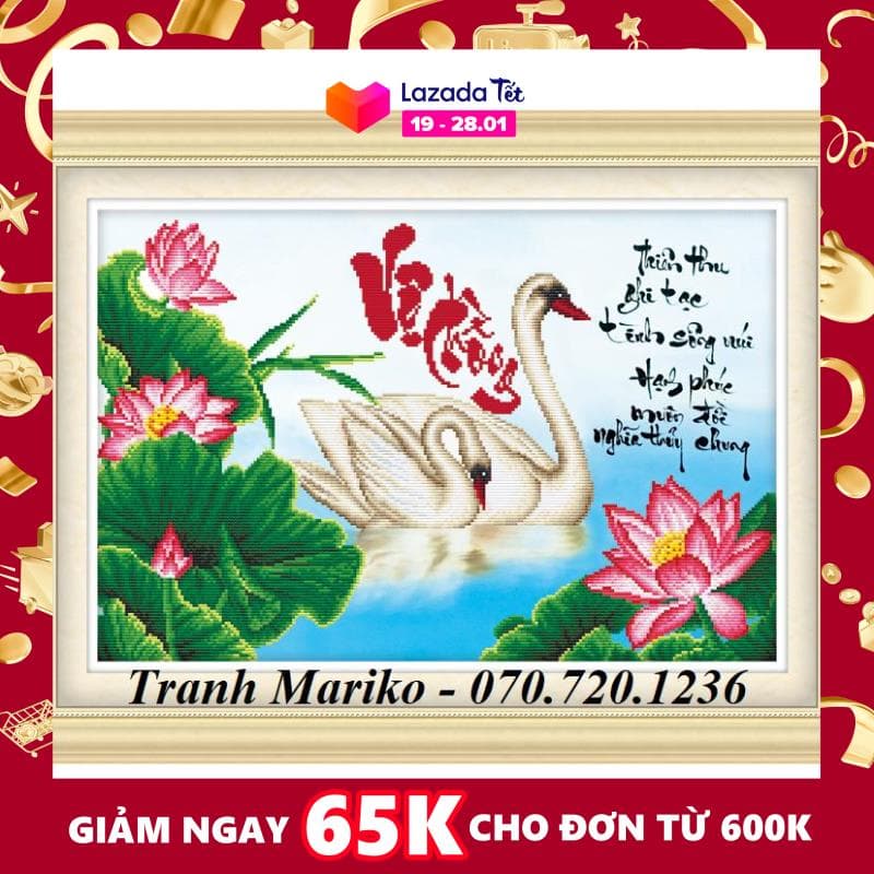 [HCM]Tranh thêu VỢ CHỒNG Đôi thiên nga trắng   Thiên thu ghi tạc tình sông núi Hạnh phúc muôn đời nghĩa thủy chung  51407 kích thước 63*42cm