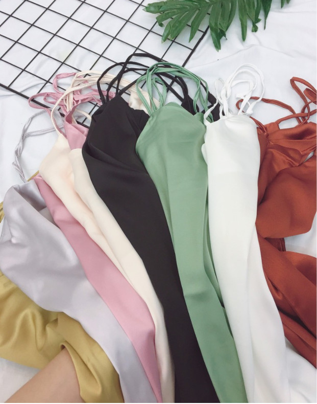 Áo hai dây nữ cổ tim vải lụa satin cao cấp