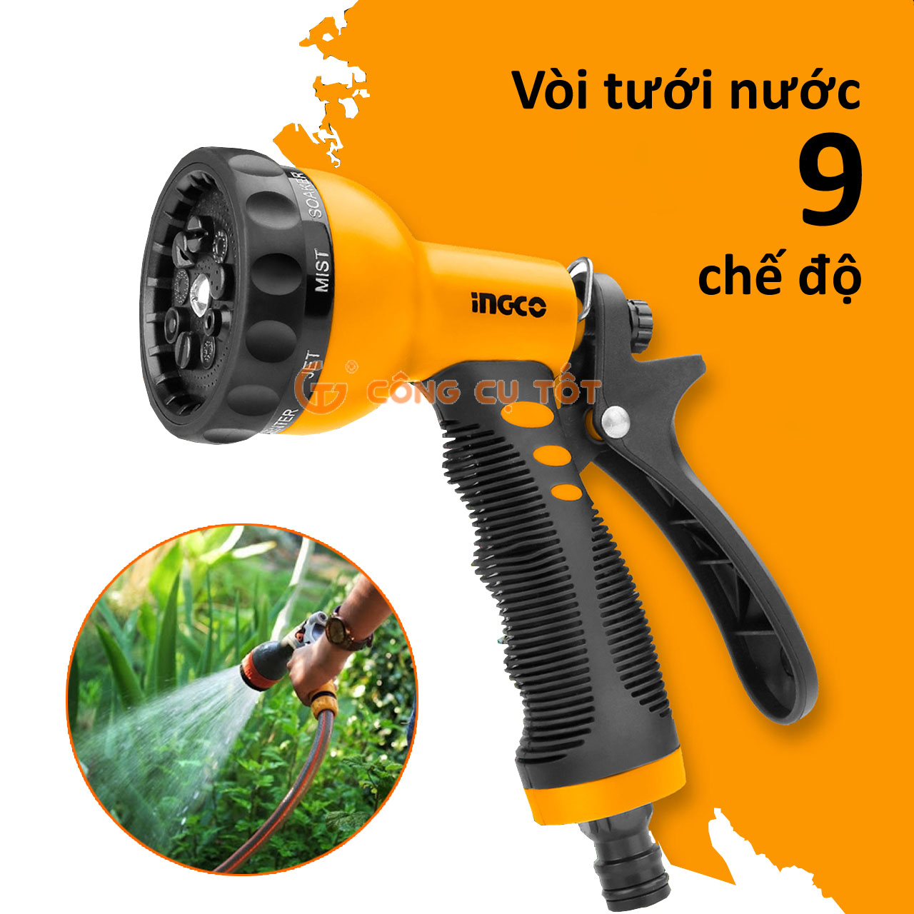 Vòi phun xịt nước tưới cây chỉnh tia đa năng ingco hwsg092 - 9 chế độ, ingco hwsg032 - 3 chế độ