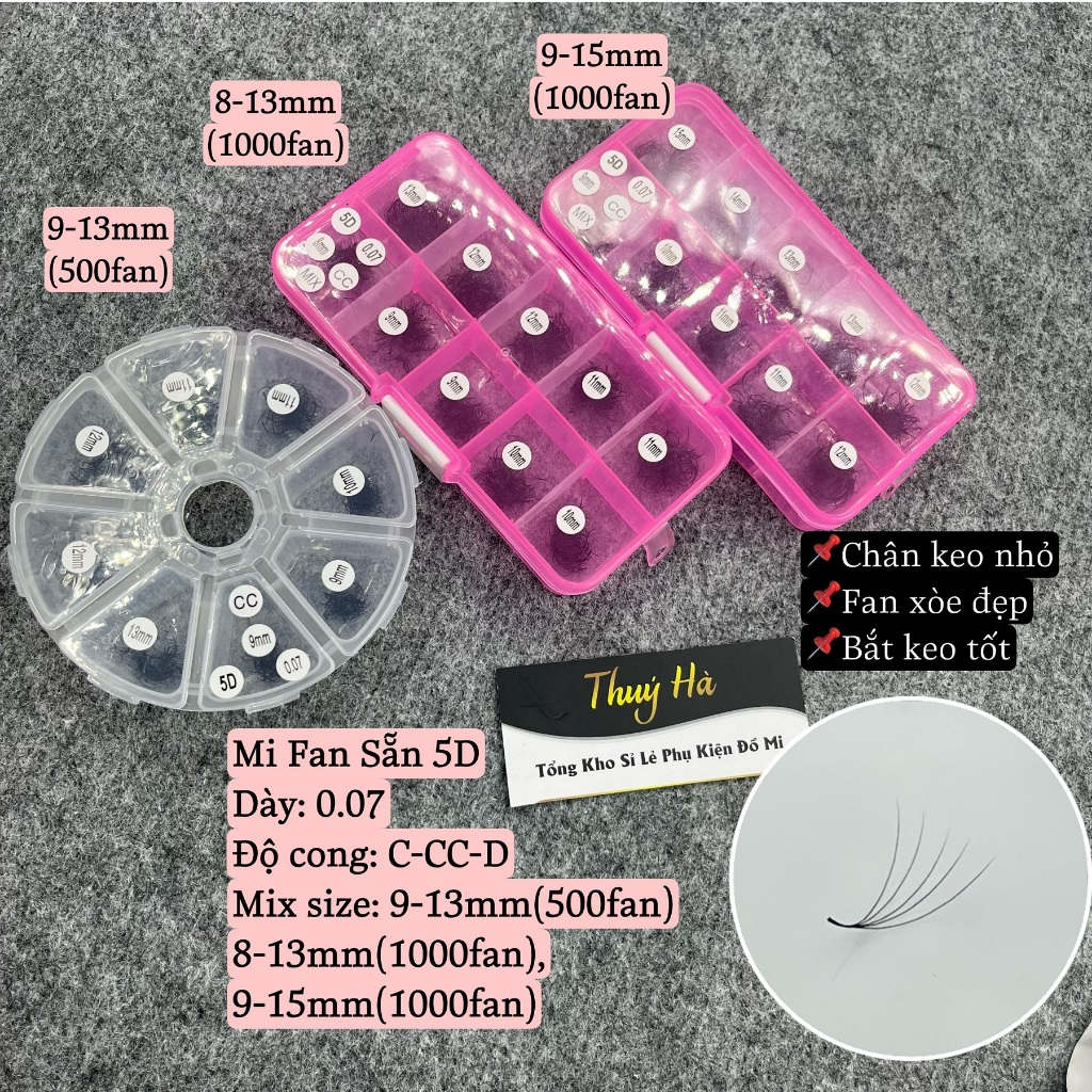 Mi Fan 5D Mix (Mix 9-13)_(Mix 8-13)_(Mix 9-15)_Cong C,CC,D_Dày 0.07 (1000fan)_dụng cụ nối mi_THÚY HÀ