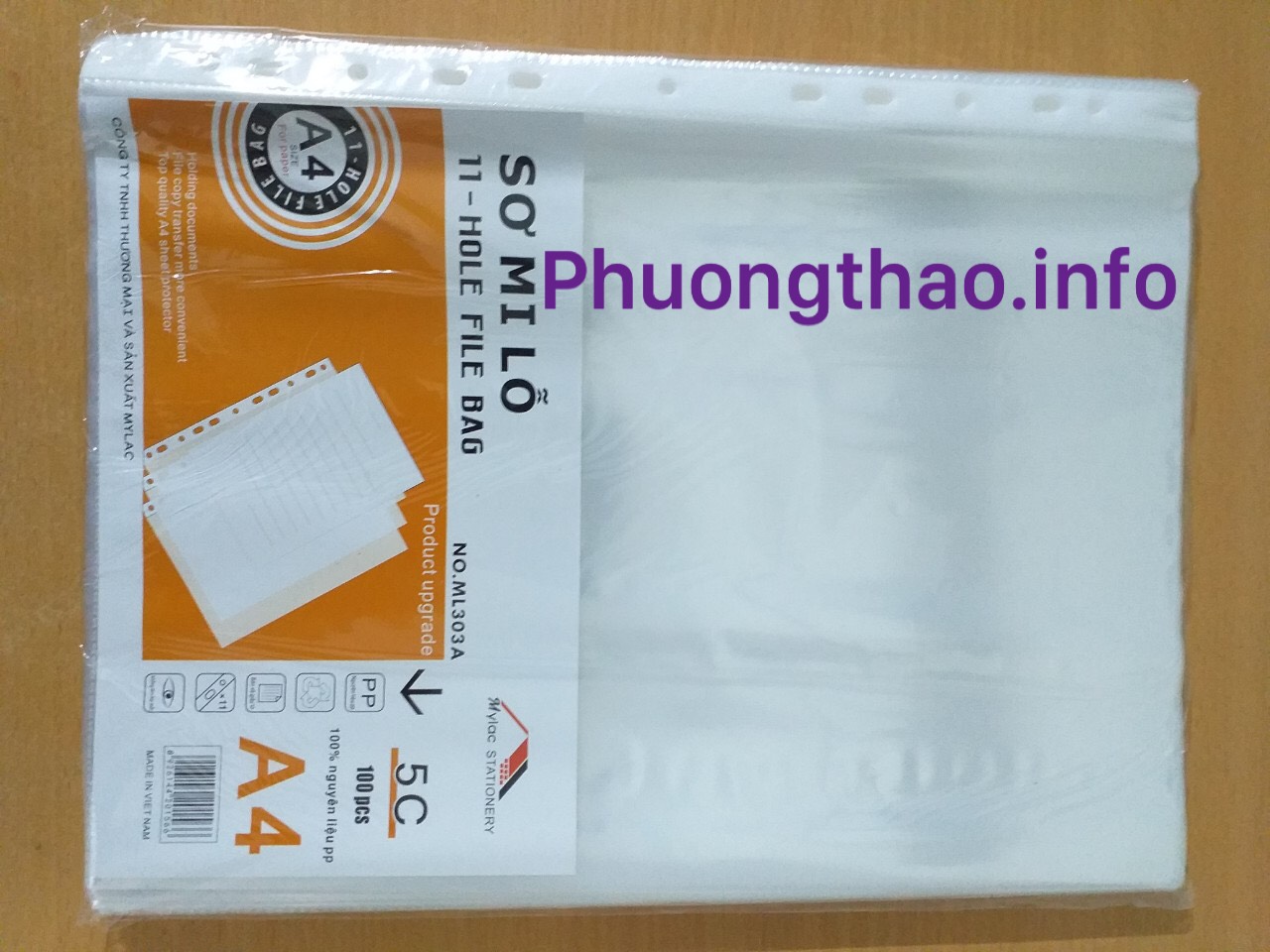 Túi sơ mi lỗ A4 loài dày 5C, 100 túi/tập.
