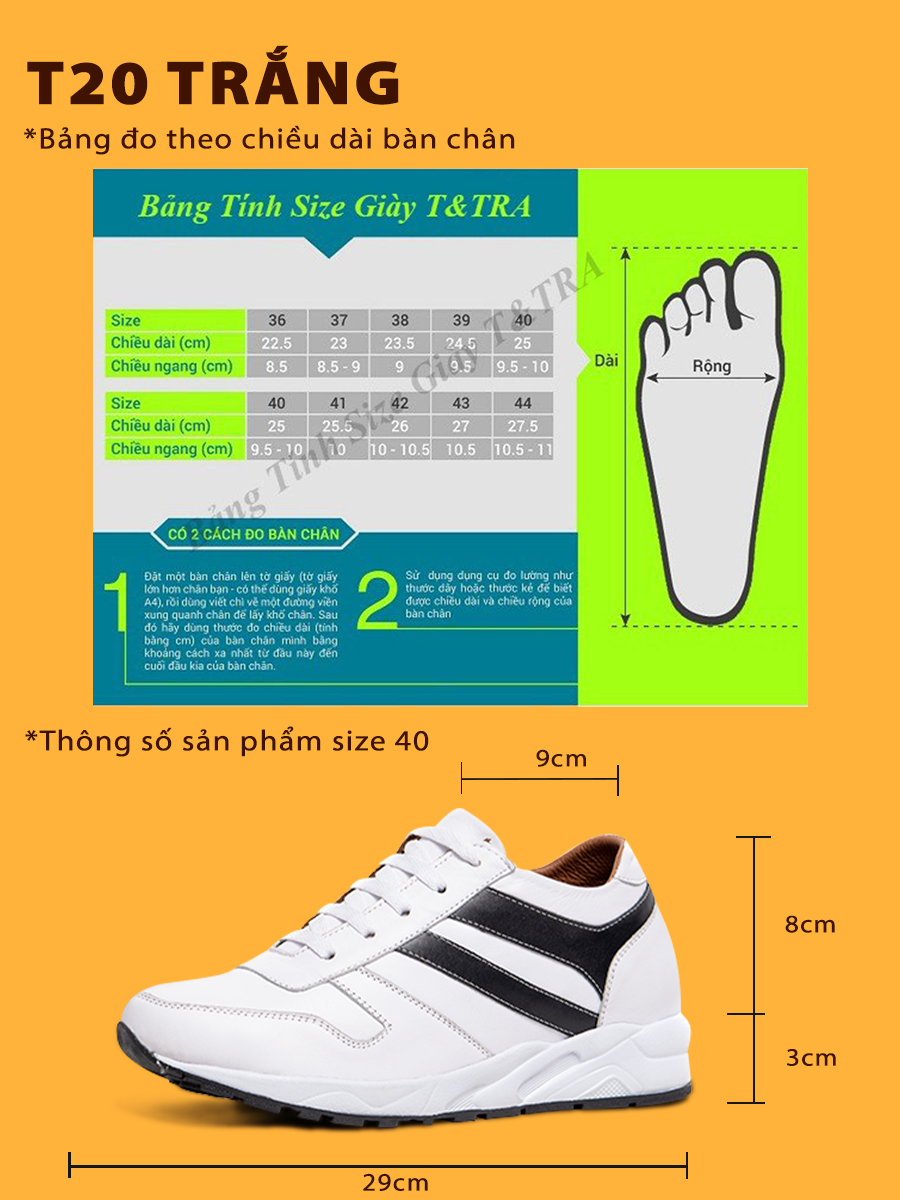 Giày Cao Nam T&TRA T20Trắng cao 8CM