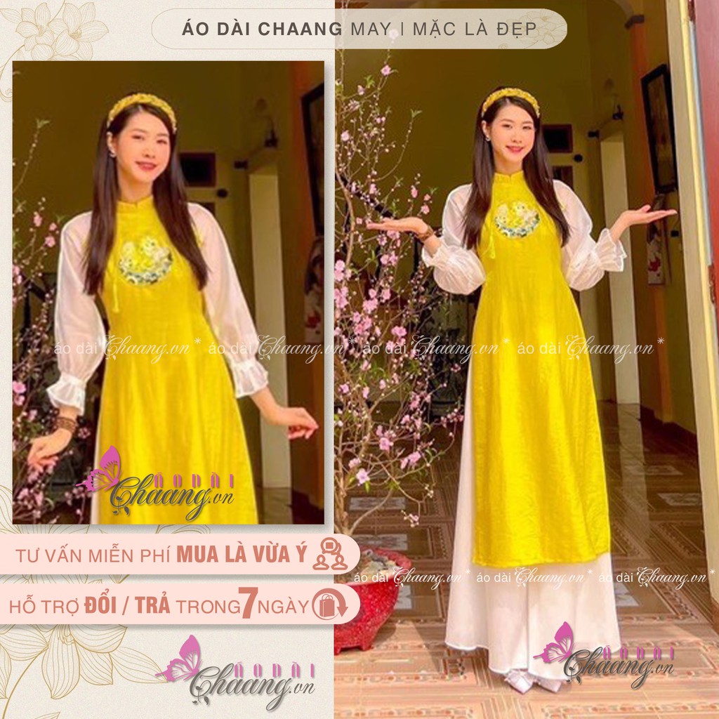 Áo dài lụa vàng tay tơ nhũ ??CHAANG?? Phù hợp dự tiệc du xuân