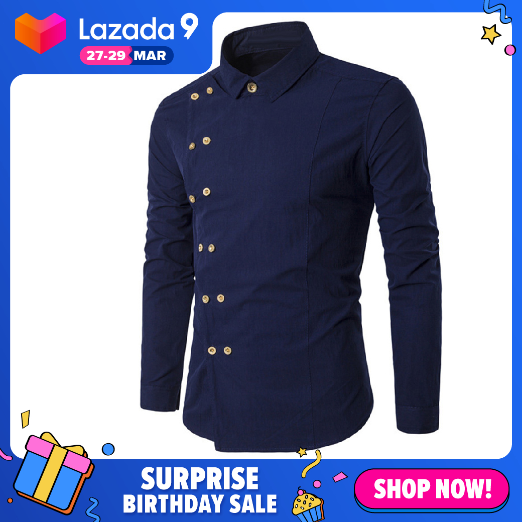 Men Long Sleeve Turn Down Collar Diagonal Double-breasted Buttons Cotton Shirt