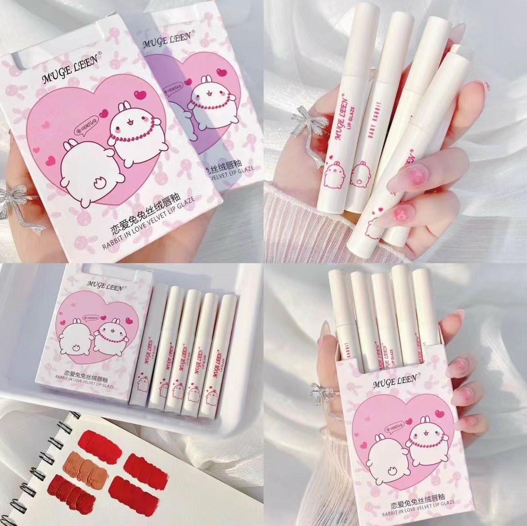 Bộ son kem lì 5 cây đầu lợn leaduu hồng không dính cốc set son kem