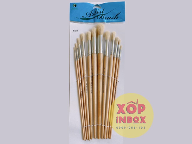 Bộ cọ vẽ tranh đầu tròn lông heo MARIES 12pc