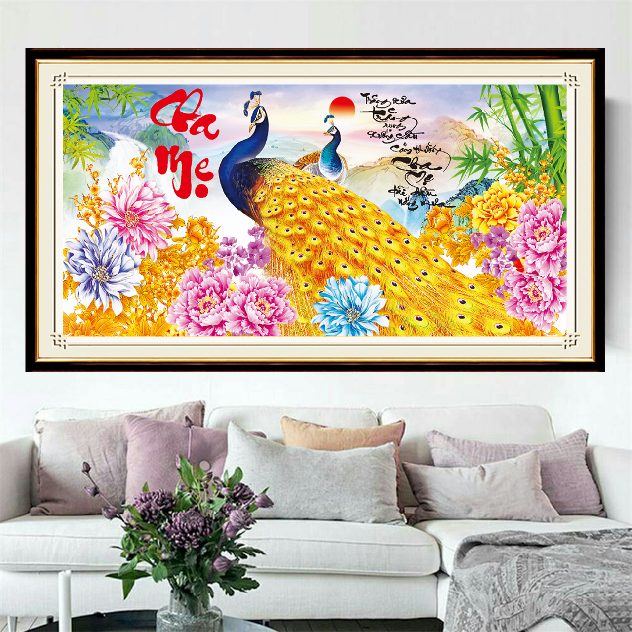 Tranh thêu chữ thập - Tranh đính đá cha mẹ VS058 - 90x45cm - chưa đính