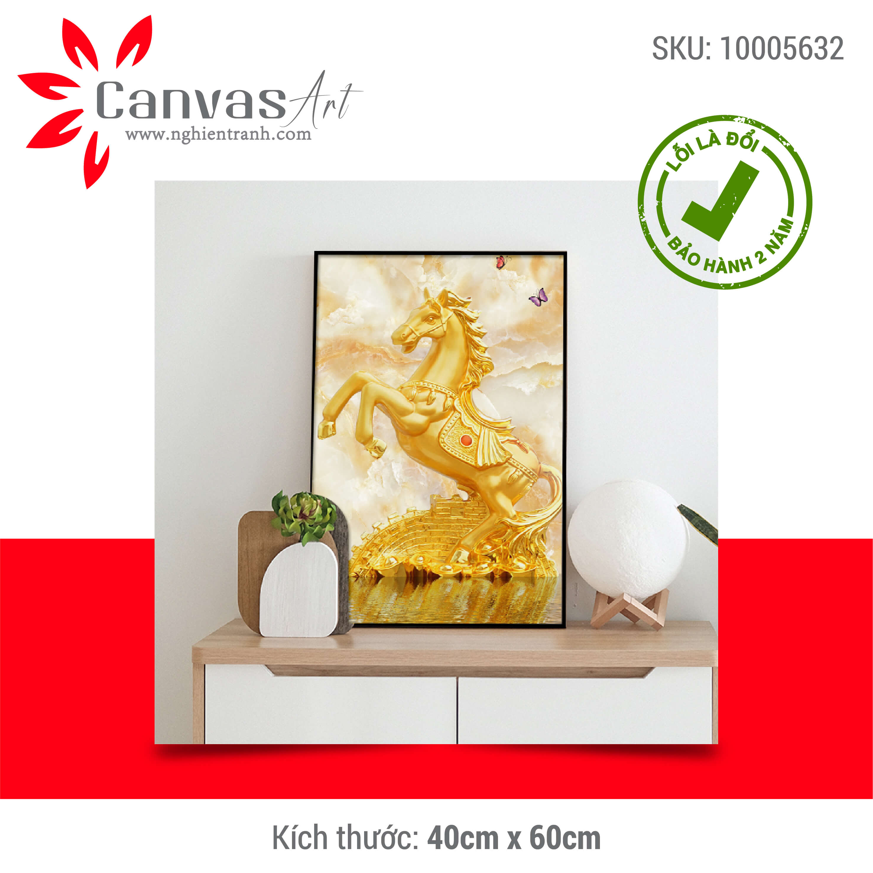 Tranh treo tường hiện đại ngựa vàng thành công in trên canvas có khung trang trí phòng khách, phòng ngủ (10005632)