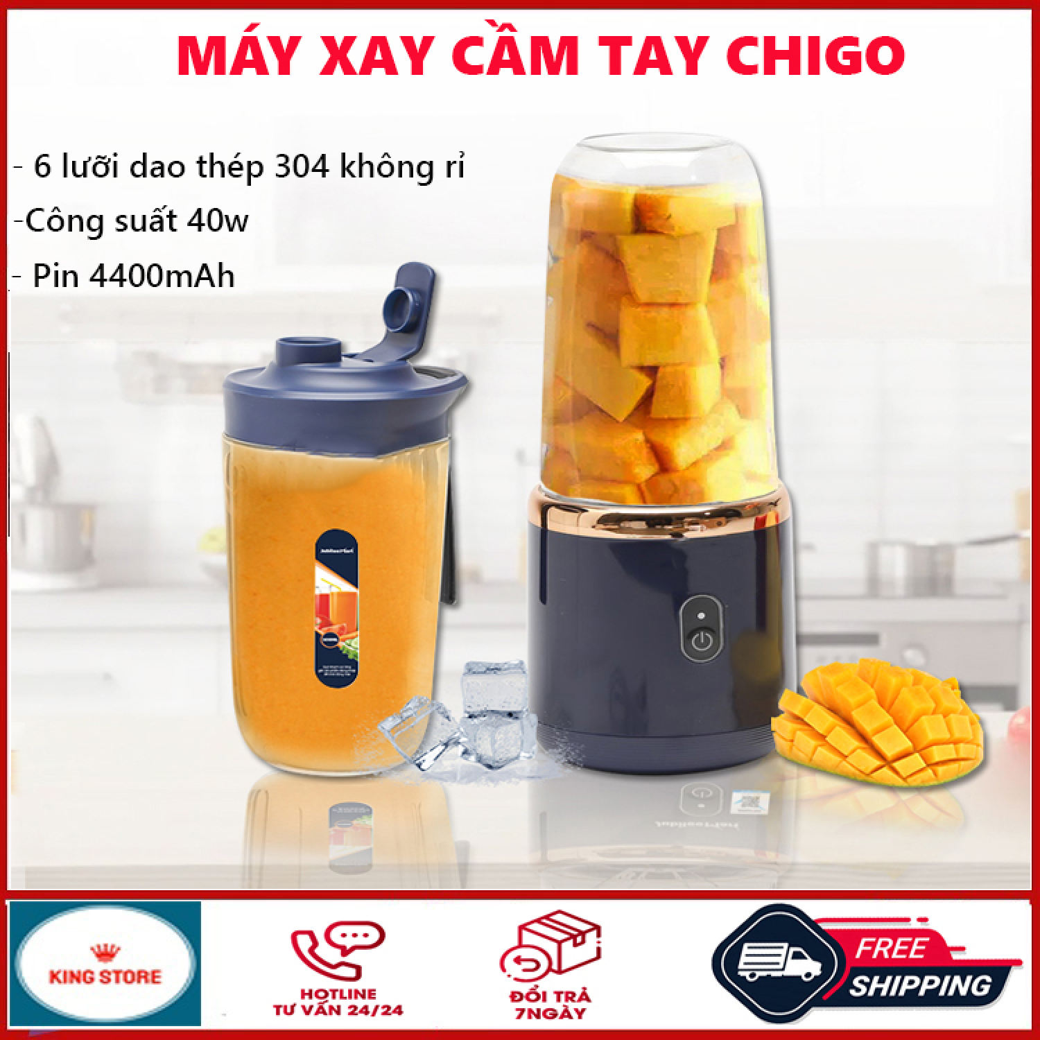 Máy xay sinh tố mini máy ép trái cây đa năng Chigo dung tích 300ml công suất 40w 6 lưỡi dao máy xay 